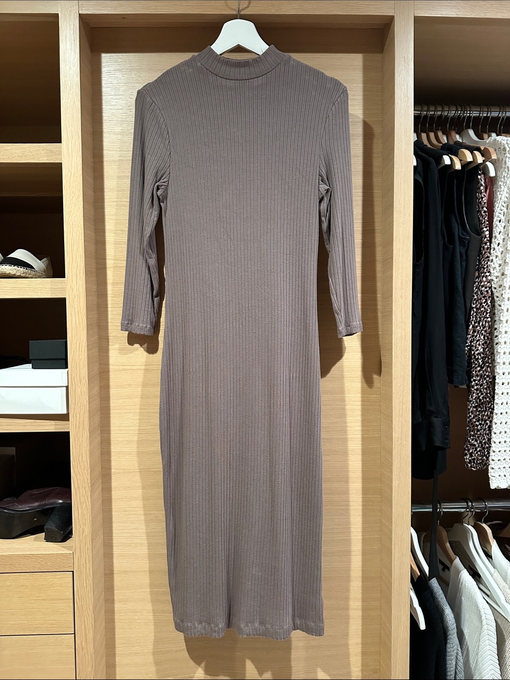 a new day Ribbed Long-Sleeve Midi Dress in Taupe